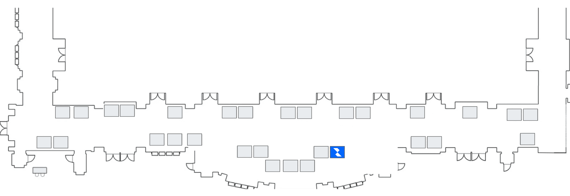 Exhibit floor map at JW Marriott Grande Lakes, with ReVia's Booth #19 highlighted in blue